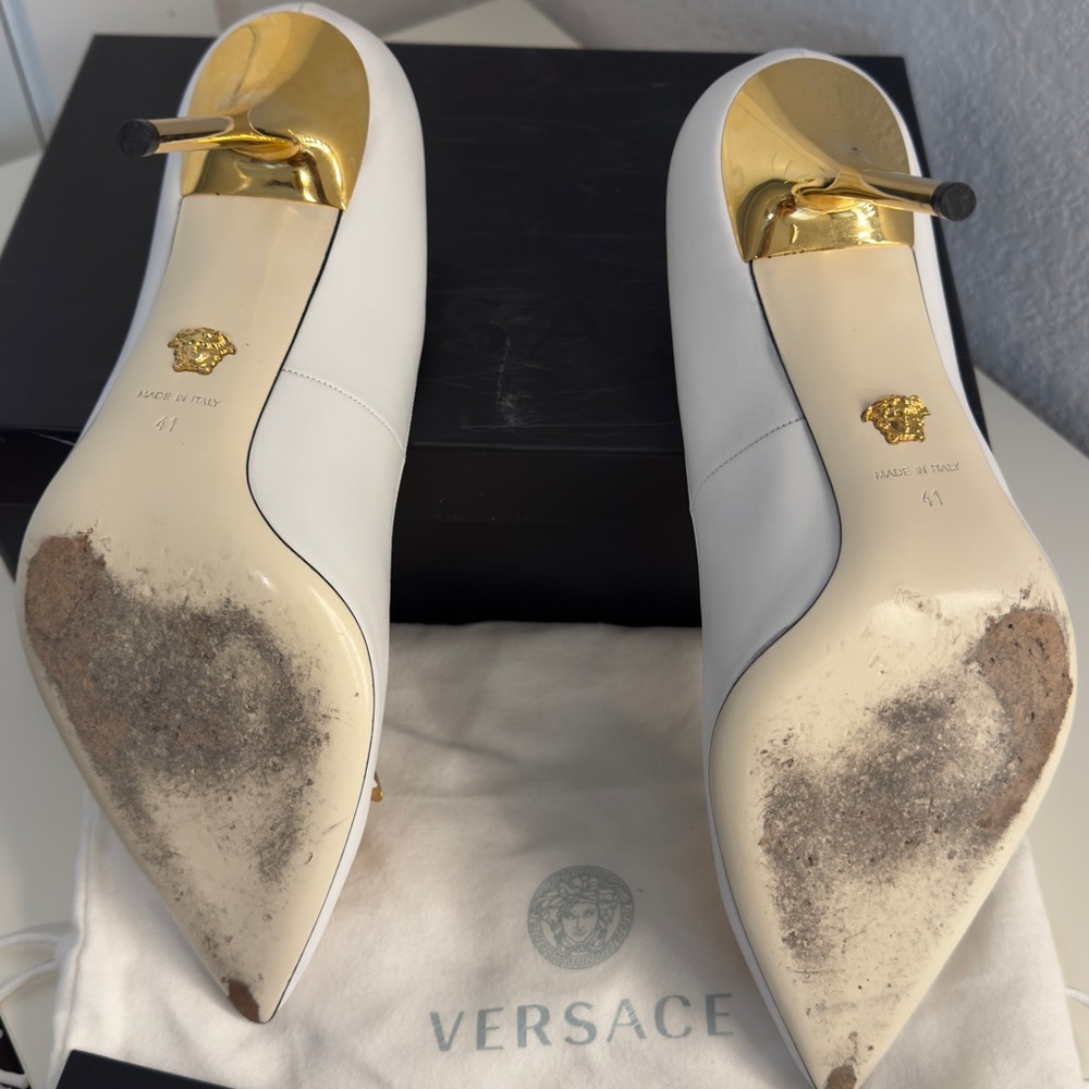 Versace White Heels with Gold Medusa Accent - Picture 4 of 7